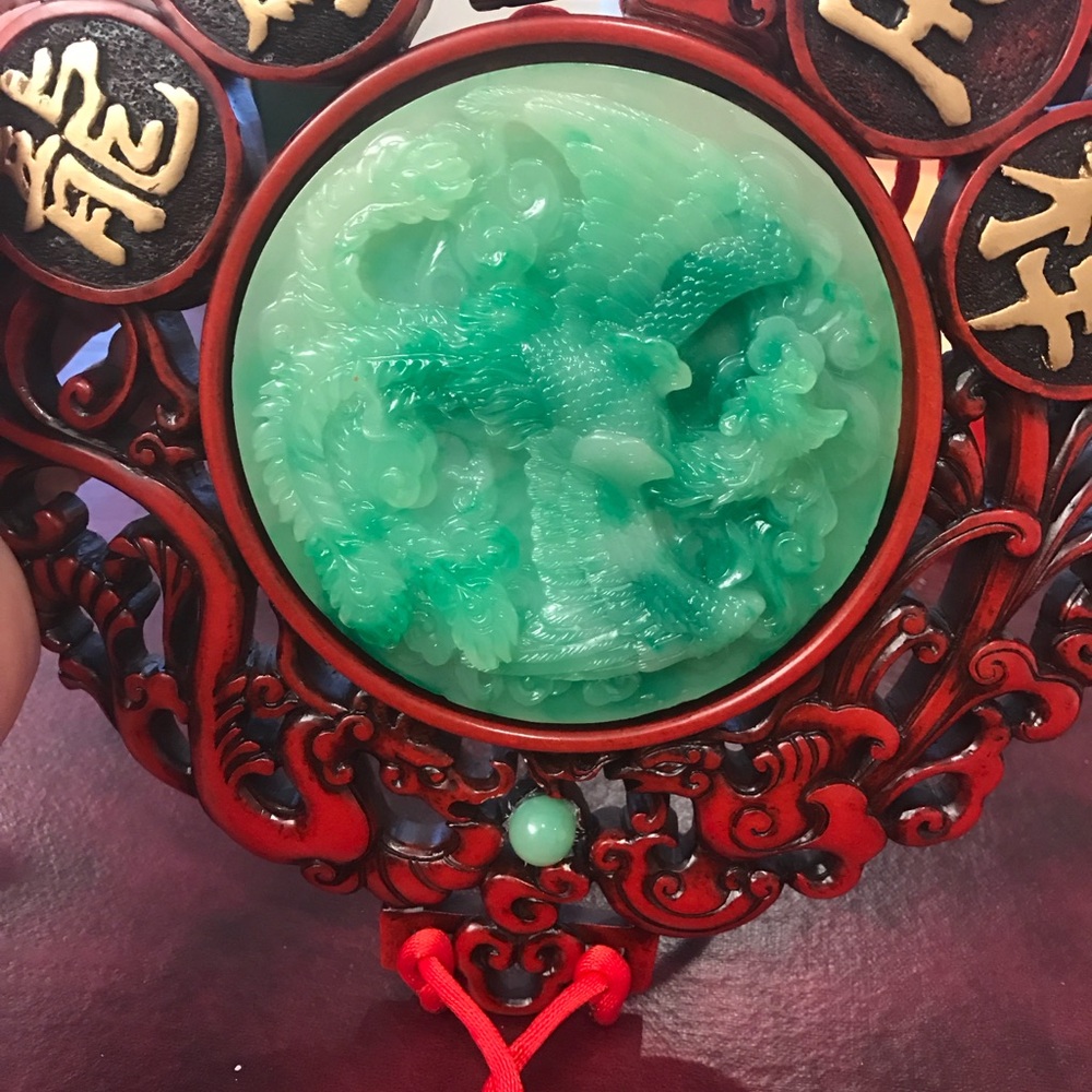 Elegant Jade Green and Red Carved Ornament